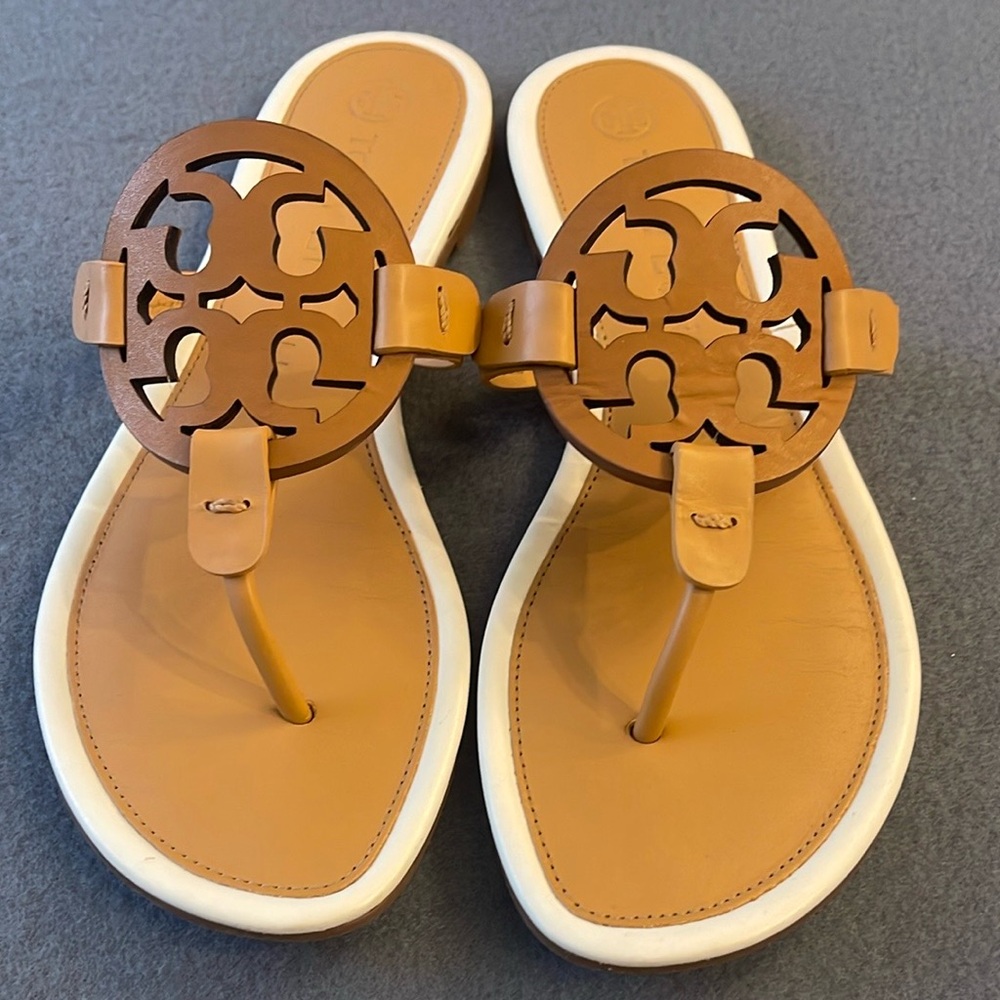 Tory Burch Miller Sandals (Tan and White)
